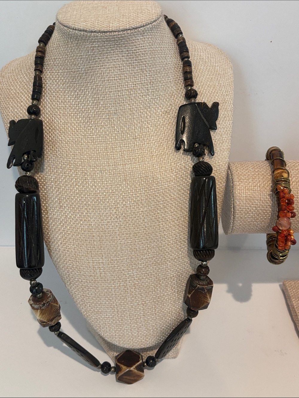 Vintage Tribal Carved Elephant Statement Necklace & Earth Tone Beaded Bracelet